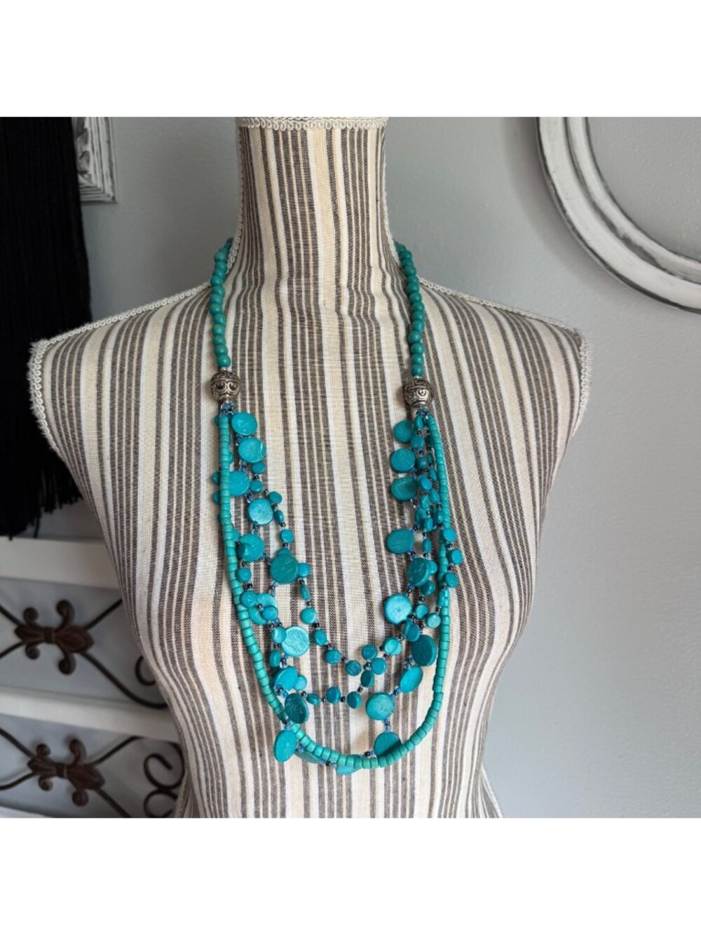 Vintage Multi-Strand Faux Turquoise Beaded Stranded Statement Necklace